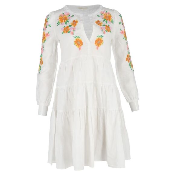 Maje Floral-Embroidered Knee-Length Dress in White Ramie